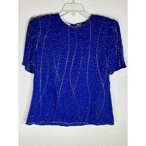 100% Silk Laurence Kazar Hand Beaded Silk Blouse Blue Short Sleeve Womens Sz PM